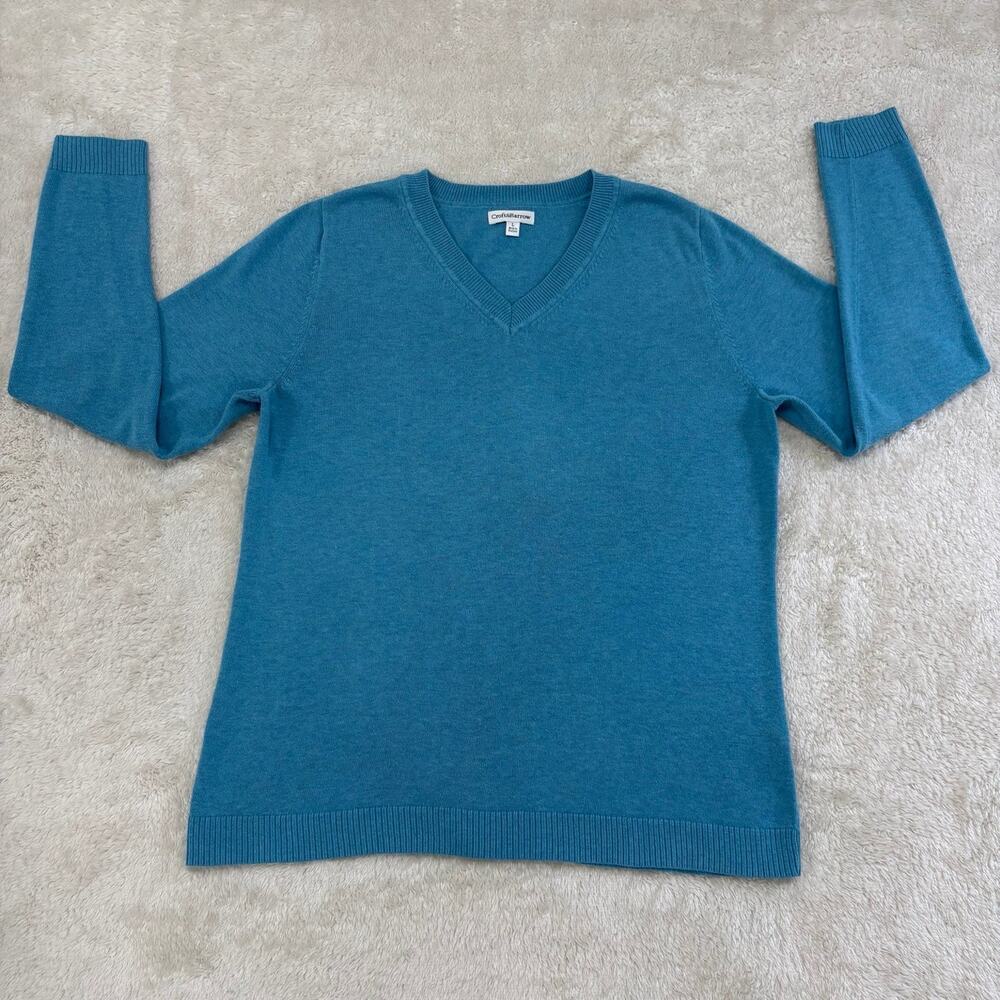 Croft & Barrow Womens L Teal Blue V Neck Cotton Blend Knit Sweater Pullover